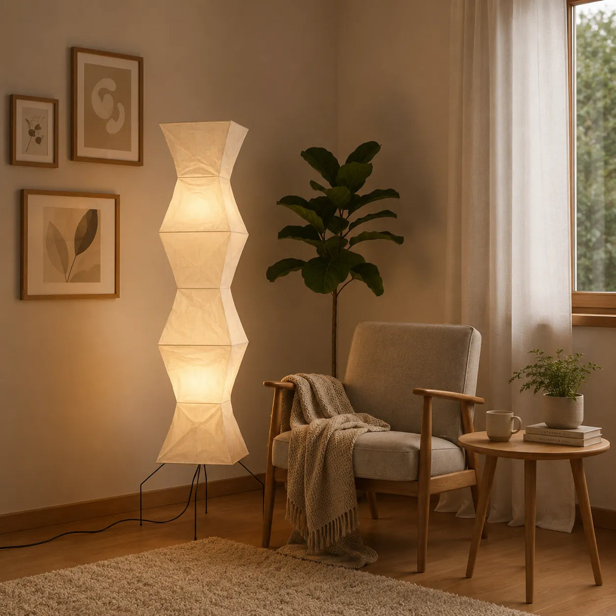 Floor Lamp with Japanese Mulberry Paper Shade and Sculptural Metal Frame