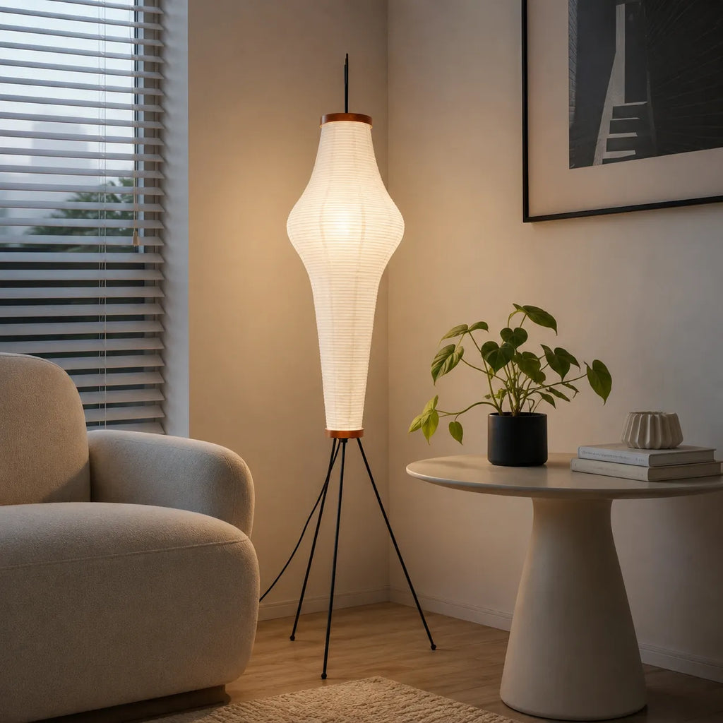 Floor Lamp with Japanese Mulberry Paper Shade and Sculptural Metal Frame