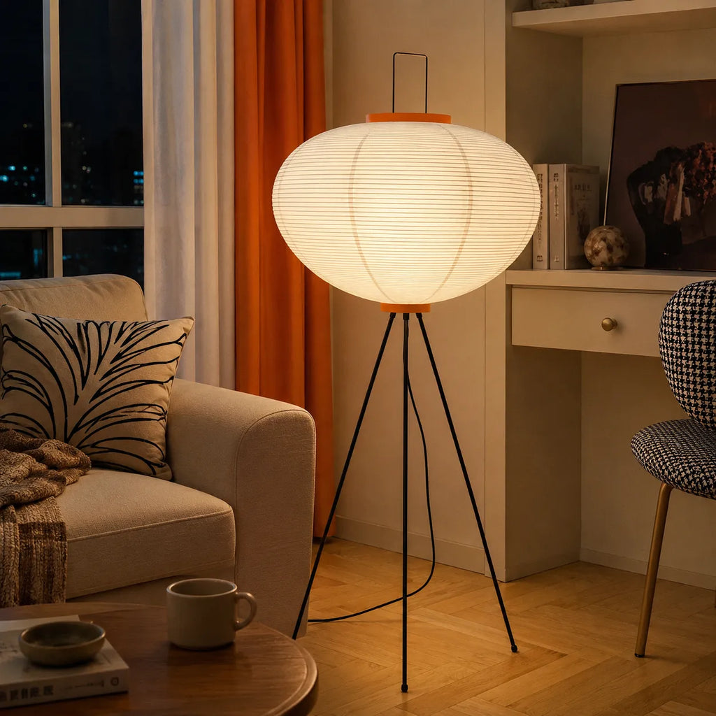 Floor Lamp with Japanese Mulberry Paper Shade and Sculptural Metal Frame