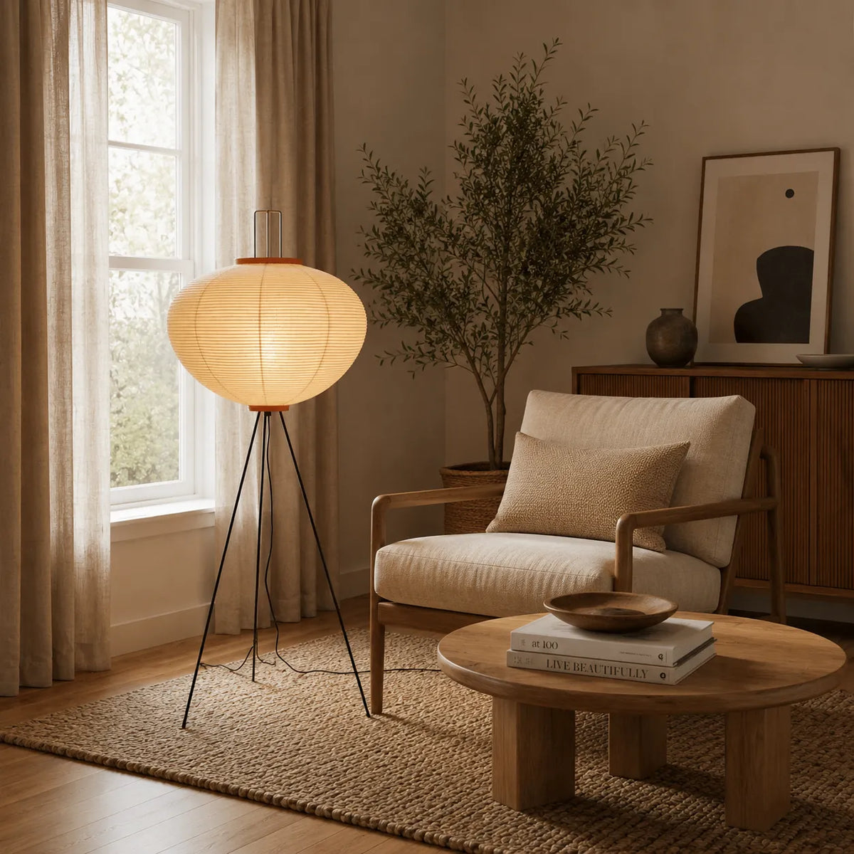 Floor Lamp with Japanese Mulberry Paper Shade and Sculptural Metal Frame