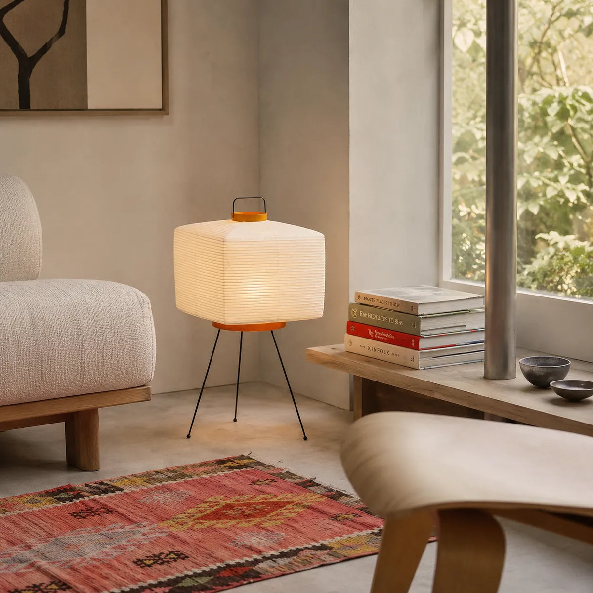 Stehlampe mit skulpturaler Reispapierkugel und modernem, minimalistischem Design
