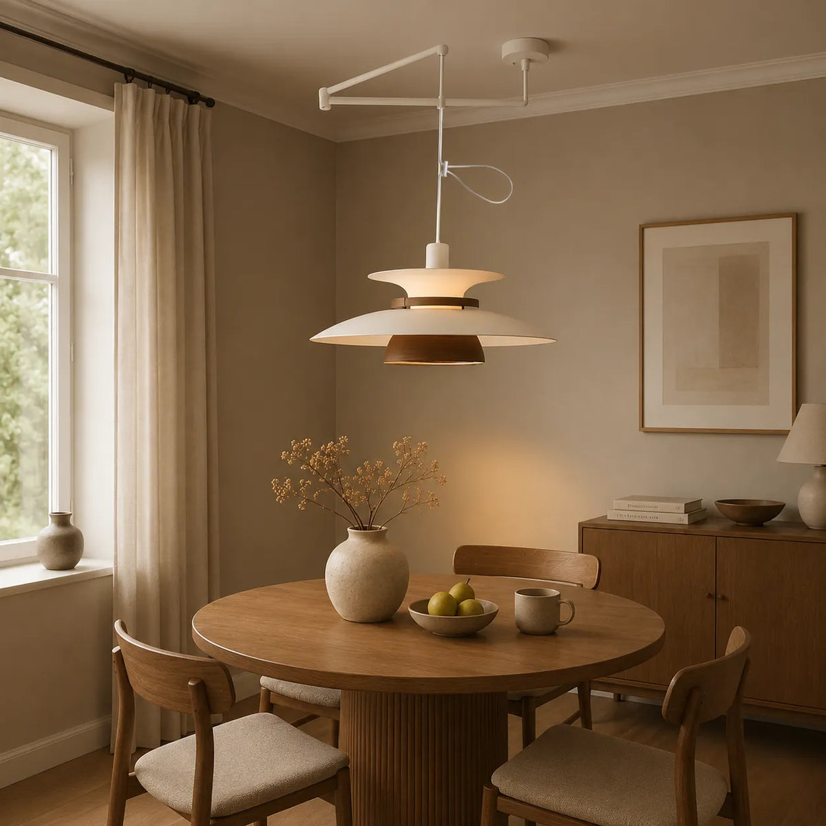 Pendant Light with Adjustable Arm and Layered Metal Shades