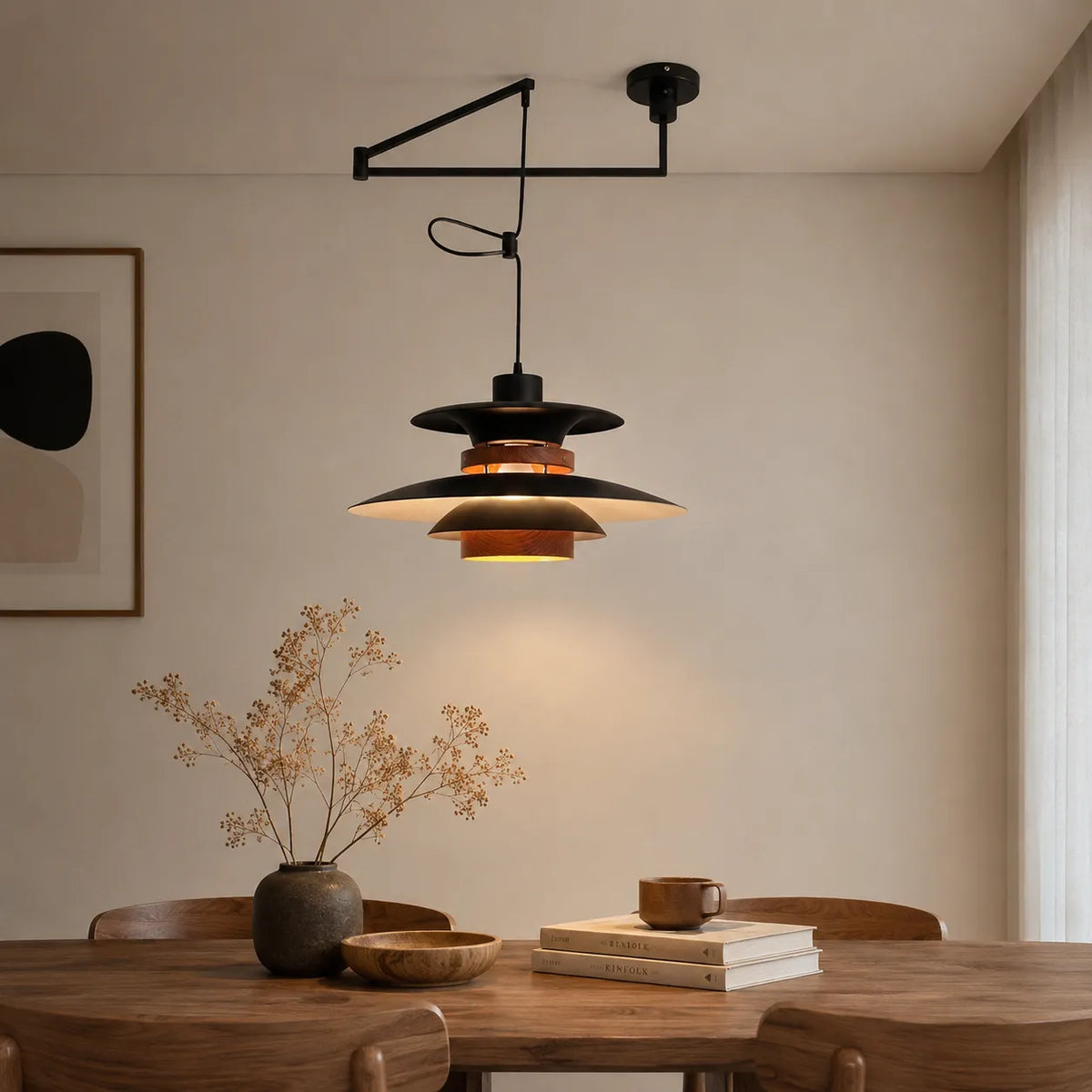 Pendant Light with Adjustable Arm and Layered Metal Shades