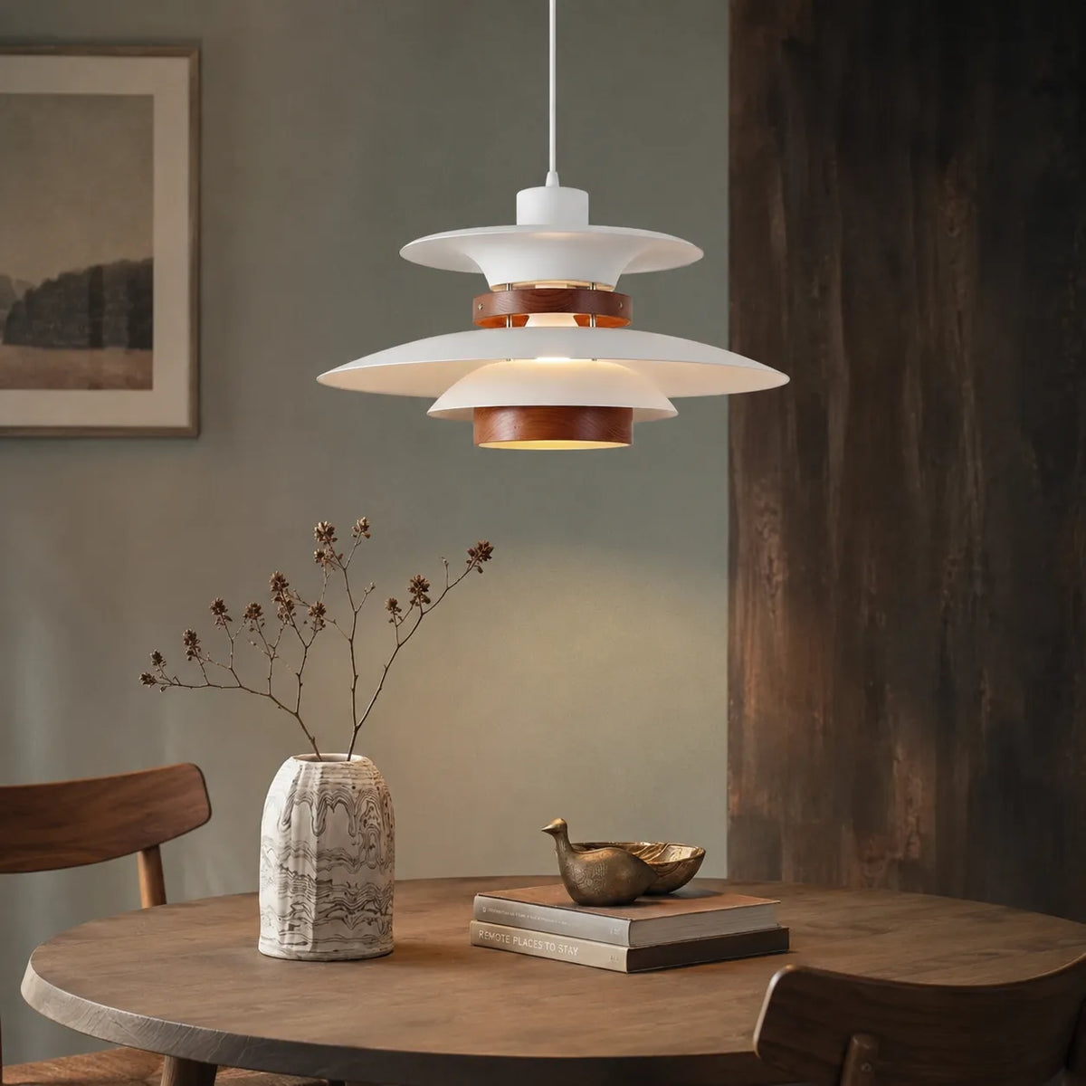 Pendant Light with Adjustable Arm and Layered Metal Shades