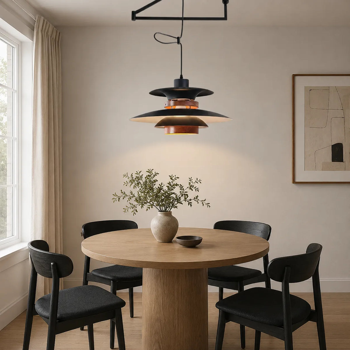 Pendant Light with Adjustable Arm and Layered Metal Shades