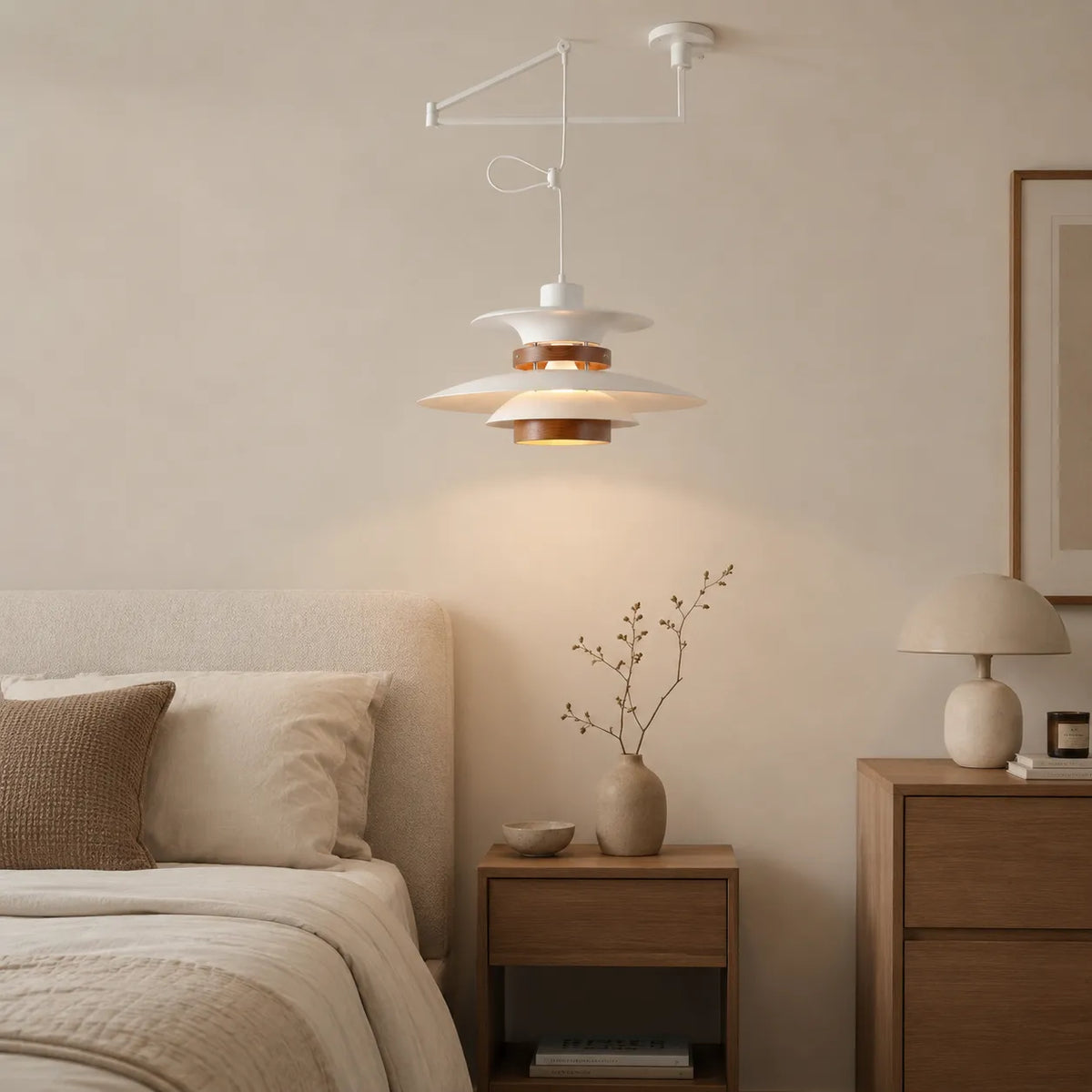 Pendant Light with Adjustable Arm and Layered Metal Shades