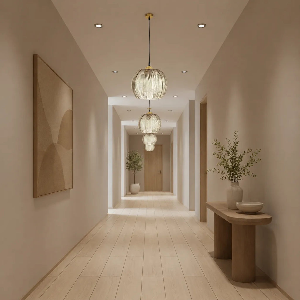 Pendant Light with Leaf-Pattern Glass and Soft Ambient Illumination