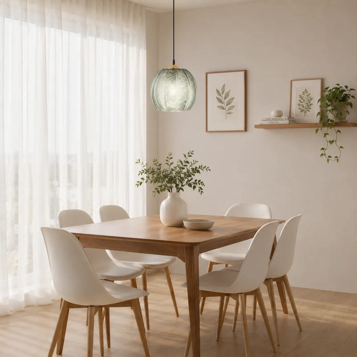 Pendant Light with Leaf-Pattern Glass and Soft Ambient Illumination