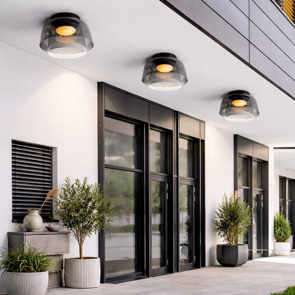 LED Oyster Light with Layered Glass Shade Mid-Century Flush Mount Ceiling Light for Bedroom Hallway