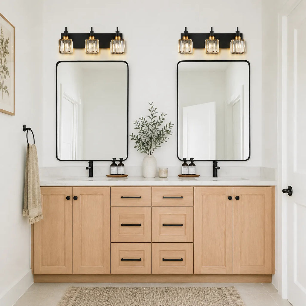 Bathroom Vanity Light Fixtures with Faceted Crystal and Metal Detail