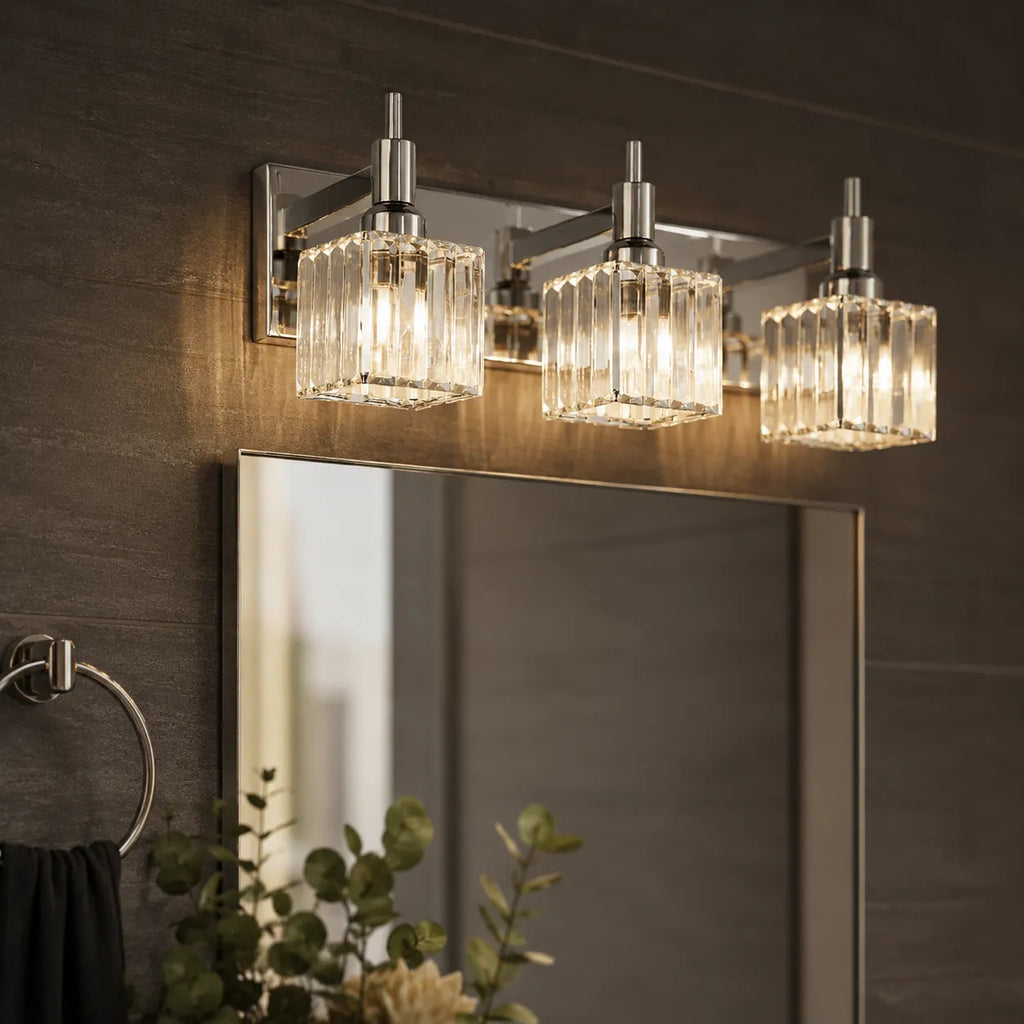 Bathroom Vanity Light Fixtures with Faceted Crystal and Metal Detail