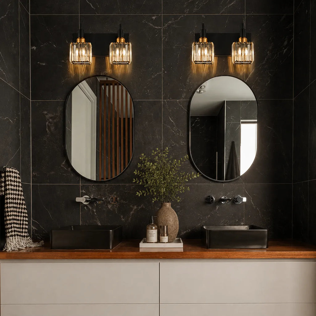 Bathroom Vanity Light Fixtures with Faceted Crystal and Metal Detail