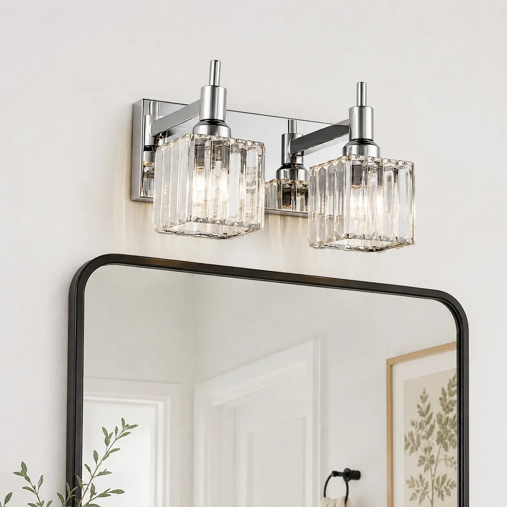 Bathroom Vanity Light Fixtures with Faceted Crystal and Metal Detail