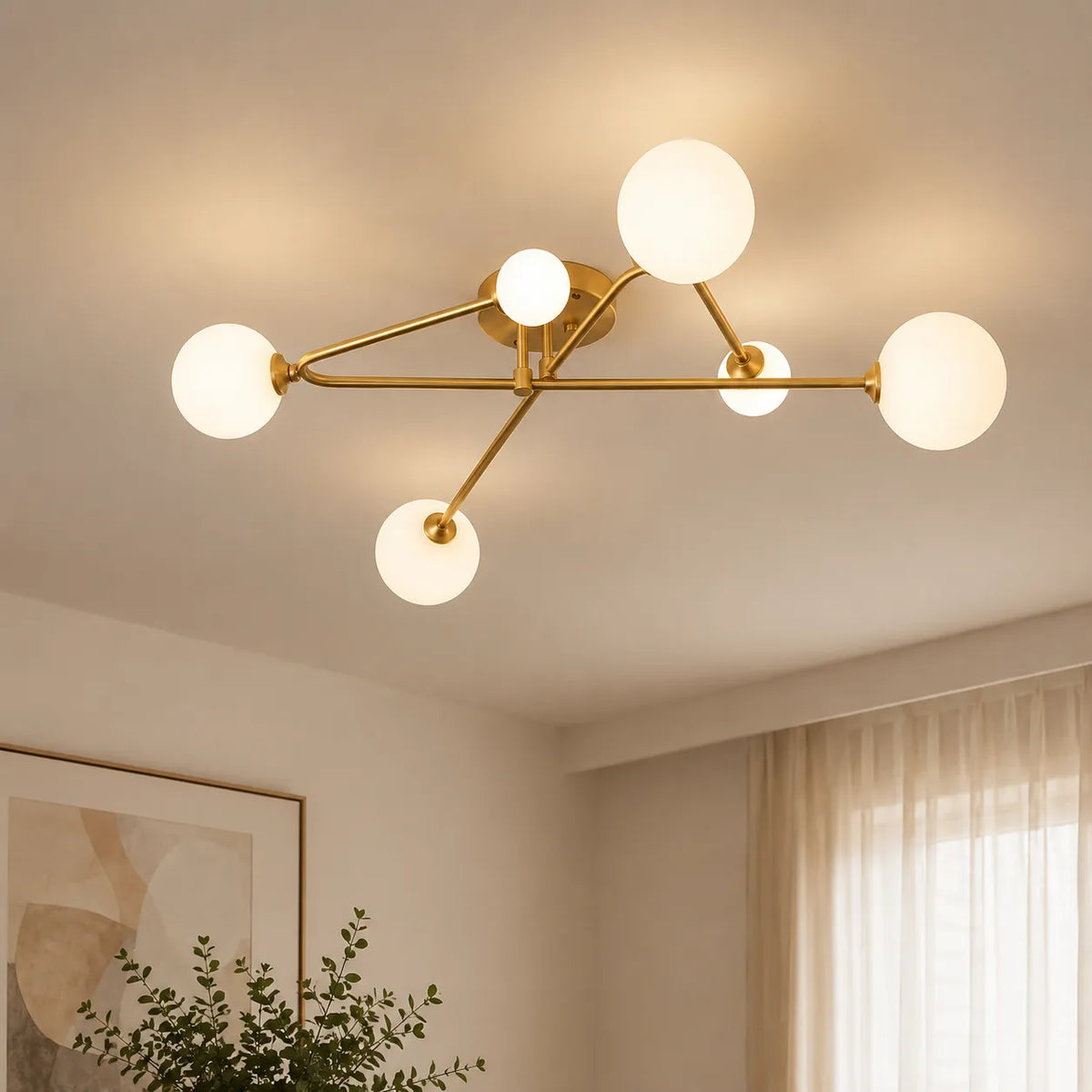 Greta Mid-Century-Deckenleuchte mit 6 Leuchten, Milchglas und Sputnik-Design zur direkten Montage