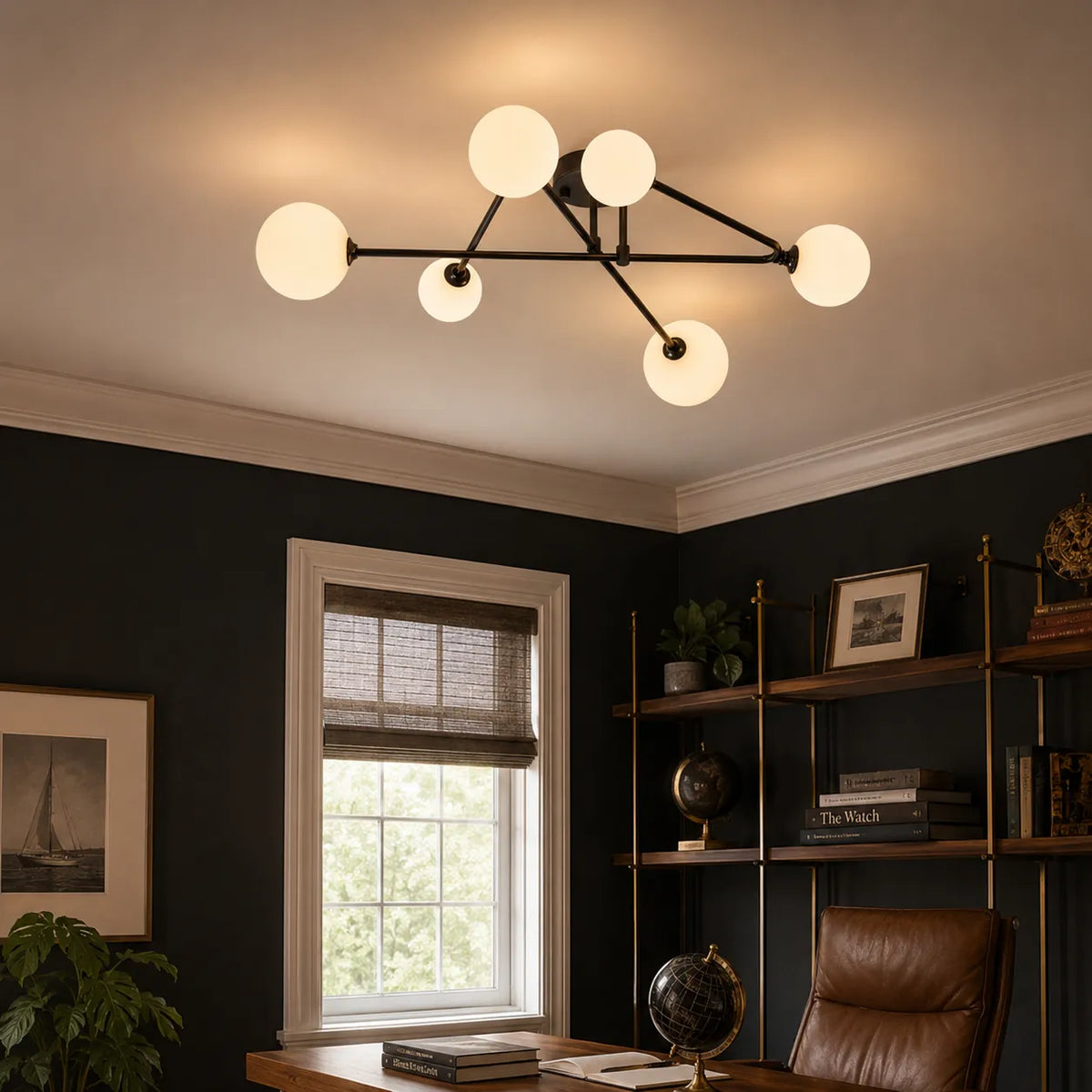 Greta Mid-Century-Deckenleuchte mit 6 Leuchten, Milchglas und Sputnik-Design zur direkten Montage