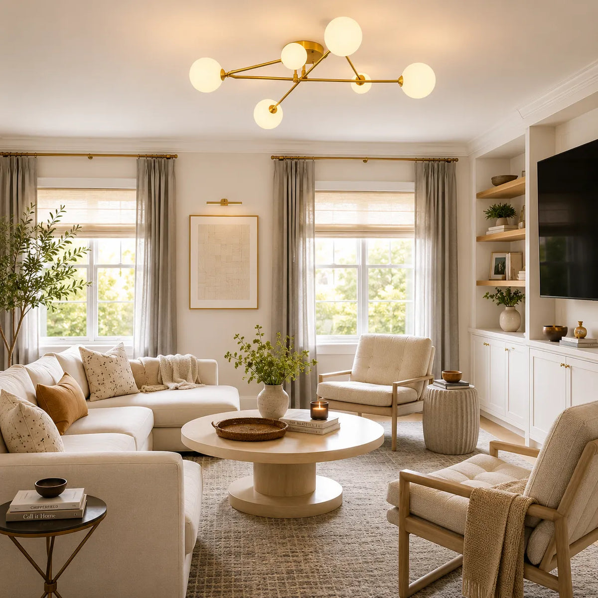 Greta Mid-Century-Deckenleuchte mit 6 Leuchten, Milchglas und Sputnik-Design zur direkten Montage