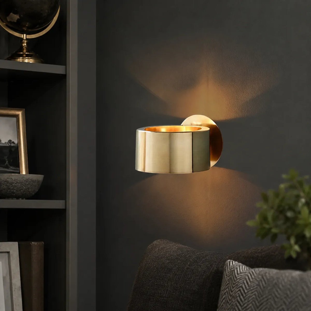 Wall Sconce Lamp with Mid Century Modern Gold Ring Design and Sculptural Circular Profile