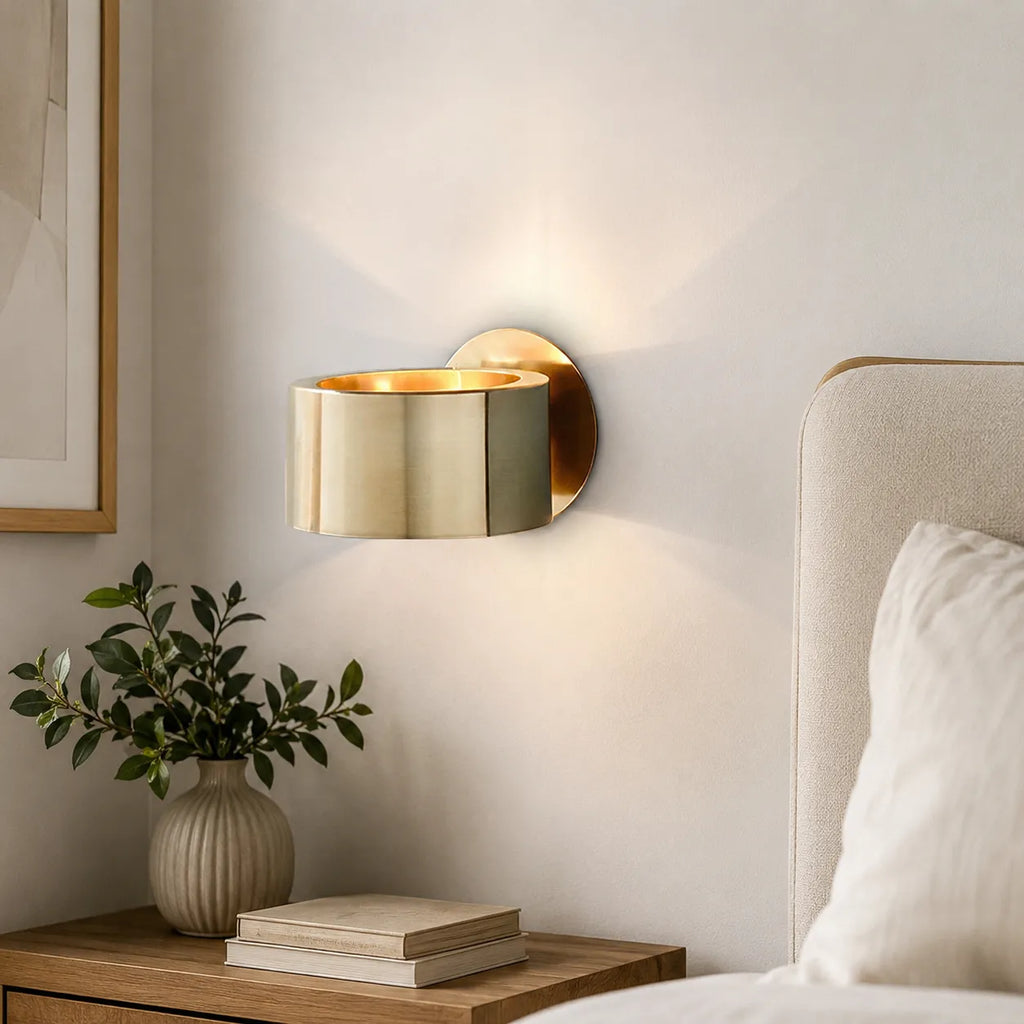 Wall Sconce Lamp with Mid Century Modern Gold Ring Design and Sculptural Circular Profile