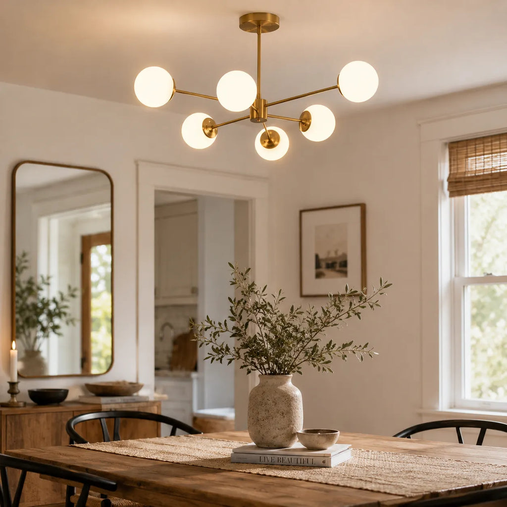 Lustre Sputnik du milieu du siècle avec globes en verre dépoli et plusieurs bras