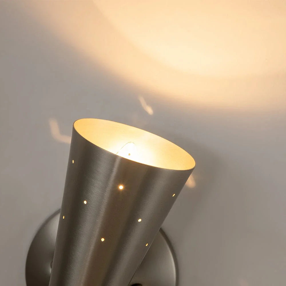 Wall Sconce Lamp with Mid Century Hourglass Cone Shades and Starry Perforated Design
