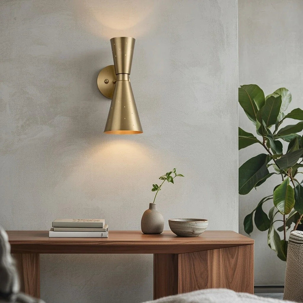 Wall Sconce Lamp with Mid Century Hourglass Cone Shades and Starry Perforated Design