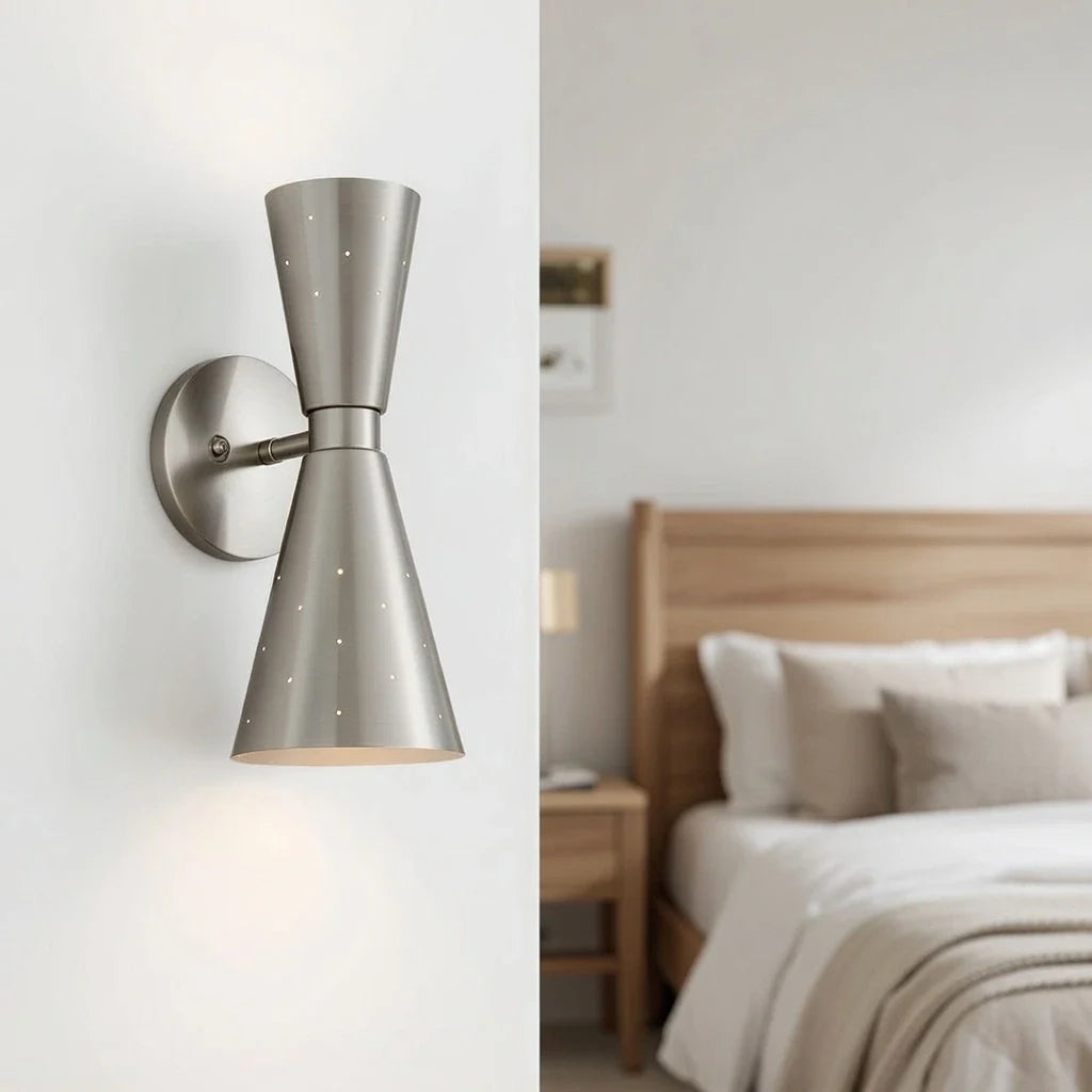 Wall Sconce Lamp with Mid Century Hourglass Cone Shades and Starry Perforated Design