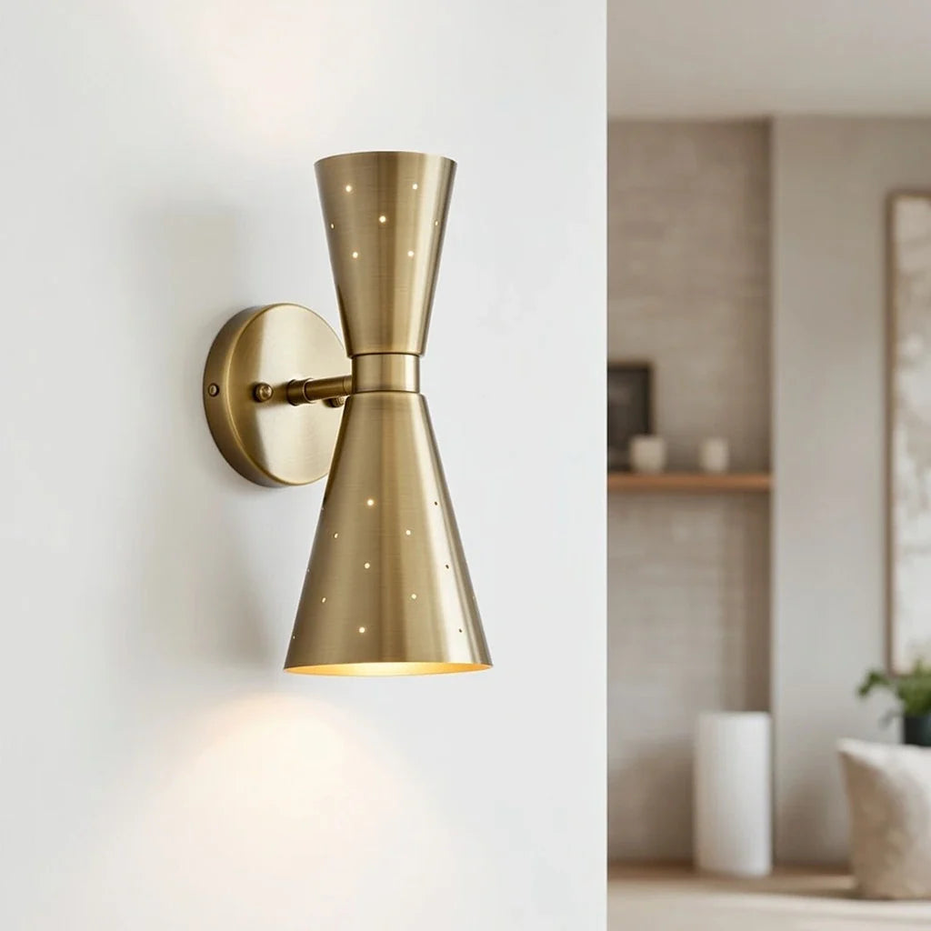 Wall Sconce Lamp with Mid Century Hourglass Cone Shades and Starry Perforated Design