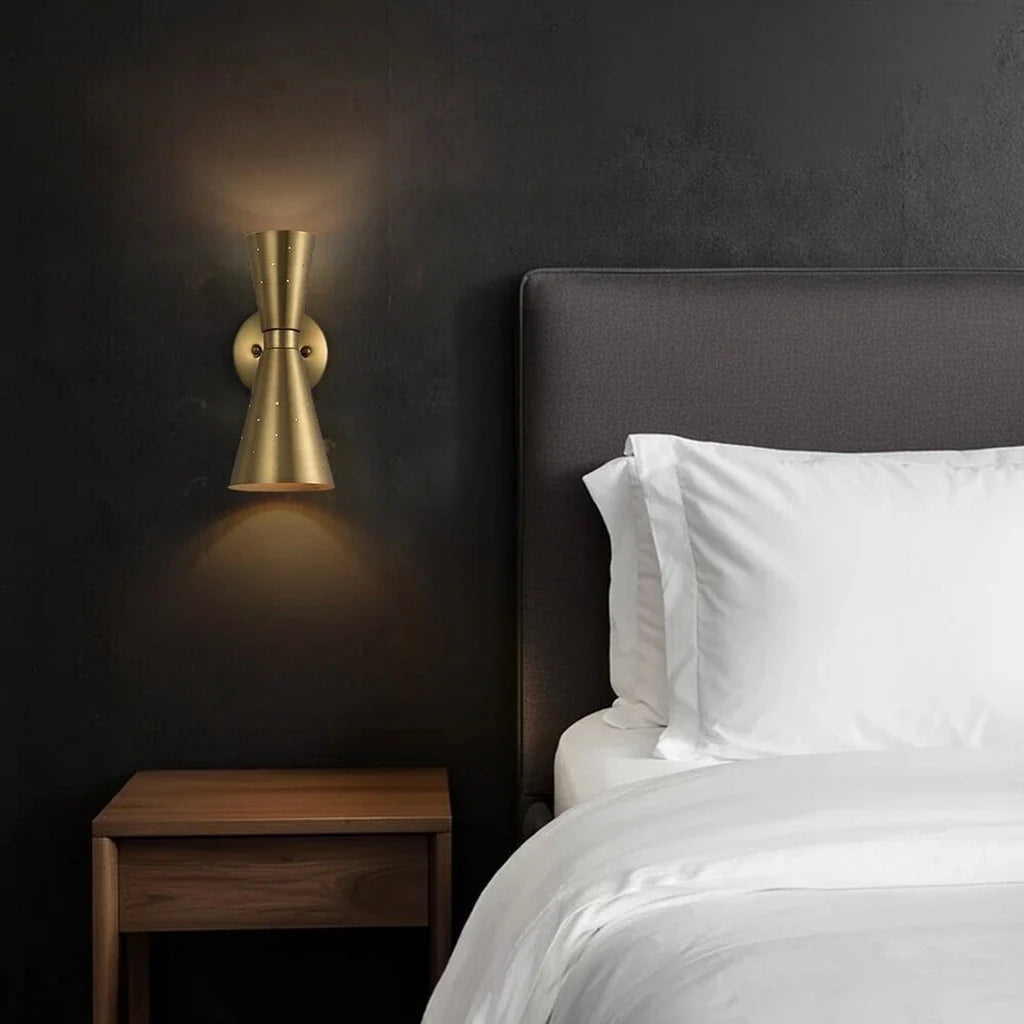 Wall Sconce Lamp with Mid Century Hourglass Cone Shades and Starry Perforated Design