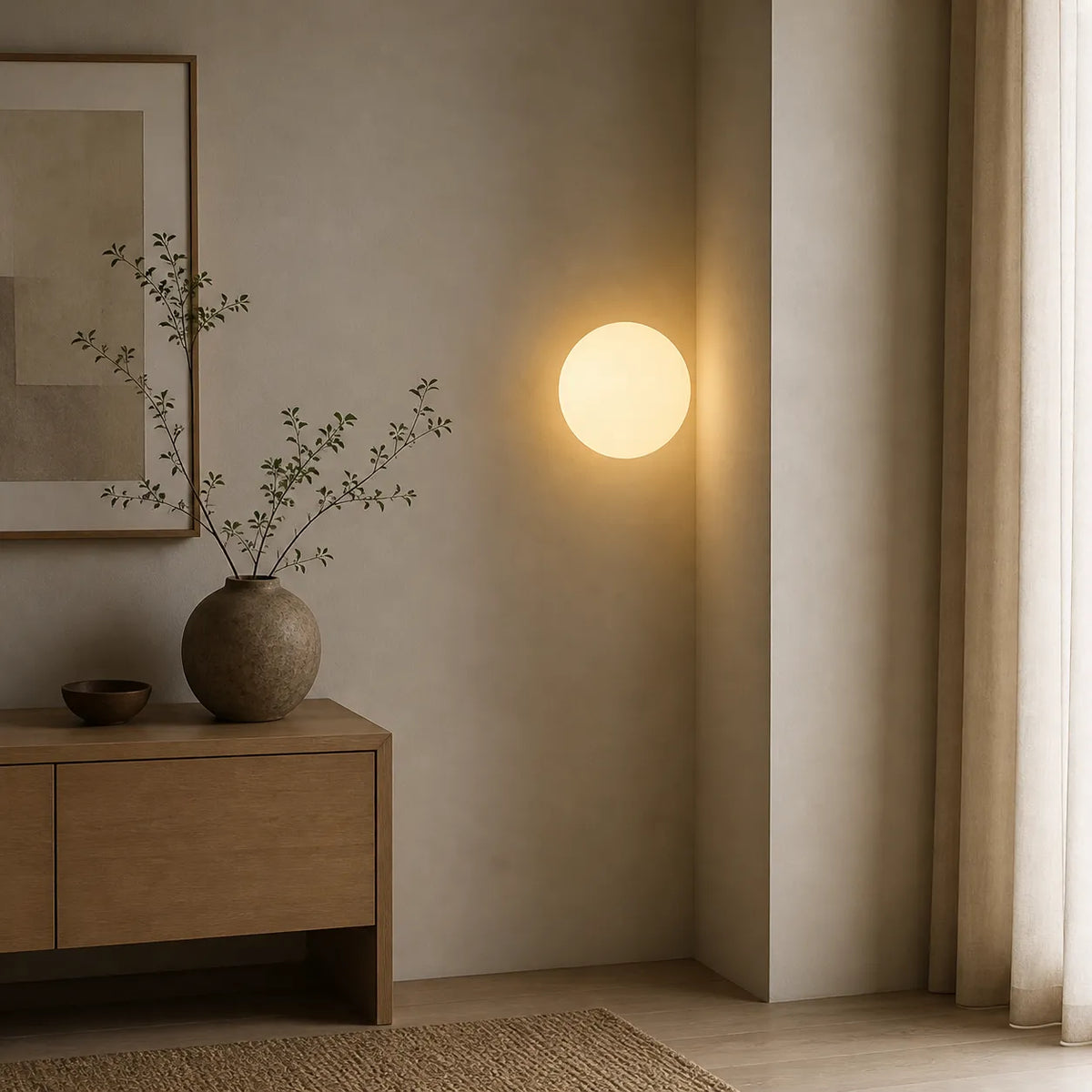 Wohnzimmer-Wandleuchten mit Kugel aus Milchglas und sanfter, stimmungsvoller Beleuchtung