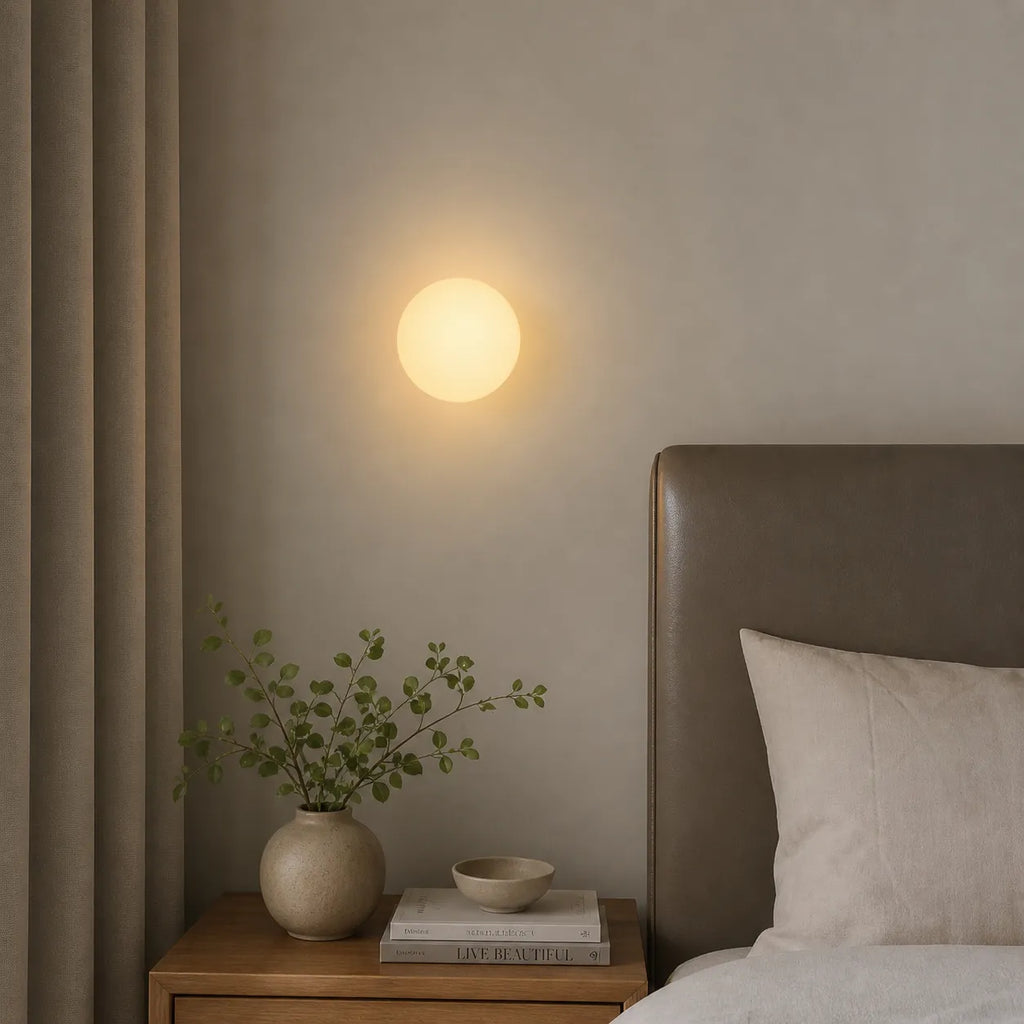 Wohnzimmer-Wandleuchten mit Kugel aus Milchglas und sanfter, stimmungsvoller Beleuchtung