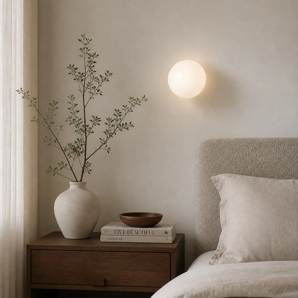 Wohnzimmer-Wandleuchten mit Kugel aus Milchglas und sanfter, stimmungsvoller Beleuchtung