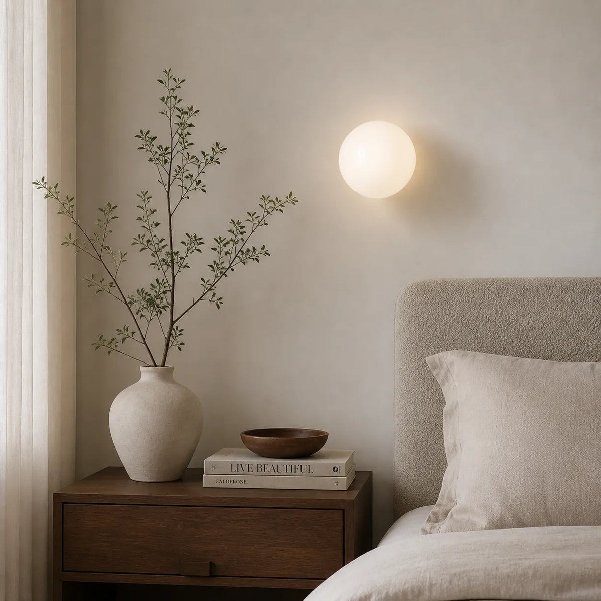 Wohnzimmer-Wandleuchten mit Kugel aus Milchglas und sanfter, stimmungsvoller Beleuchtung