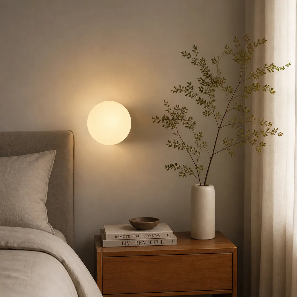 Wohnzimmer-Wandleuchten mit Kugel aus Milchglas und sanfter, stimmungsvoller Beleuchtung