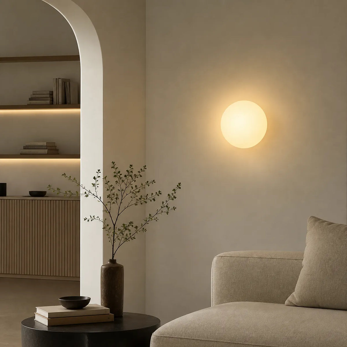 Wohnzimmer-Wandleuchten mit Kugel aus Milchglas und sanfter, stimmungsvoller Beleuchtung