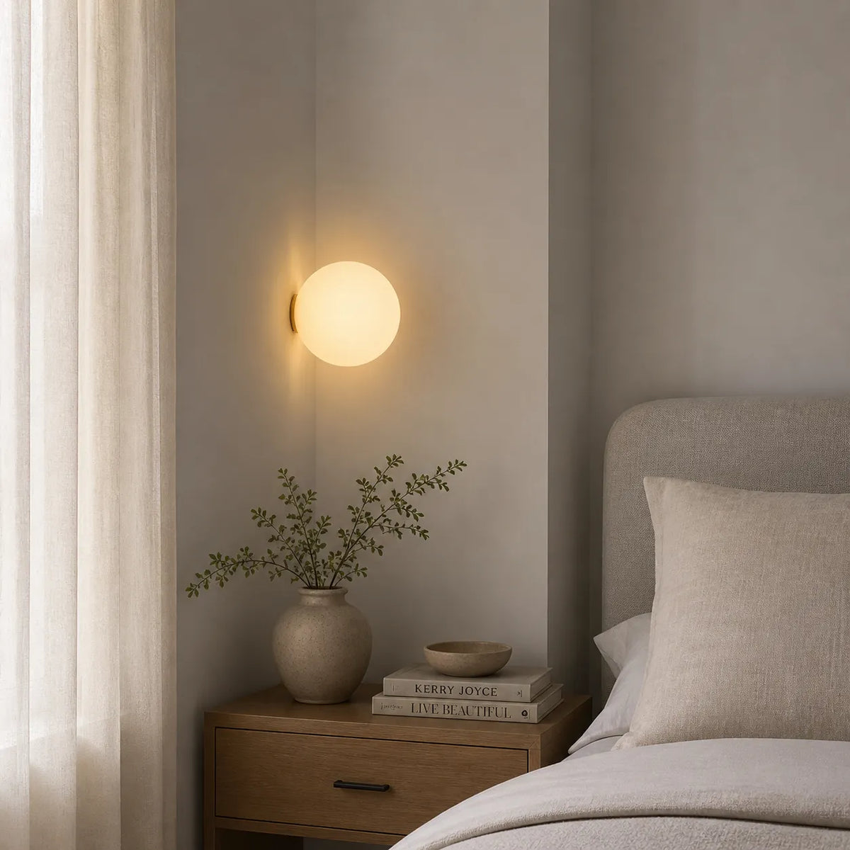 Wohnzimmer-Wandleuchten mit Kugel aus Milchglas und sanfter, stimmungsvoller Beleuchtung