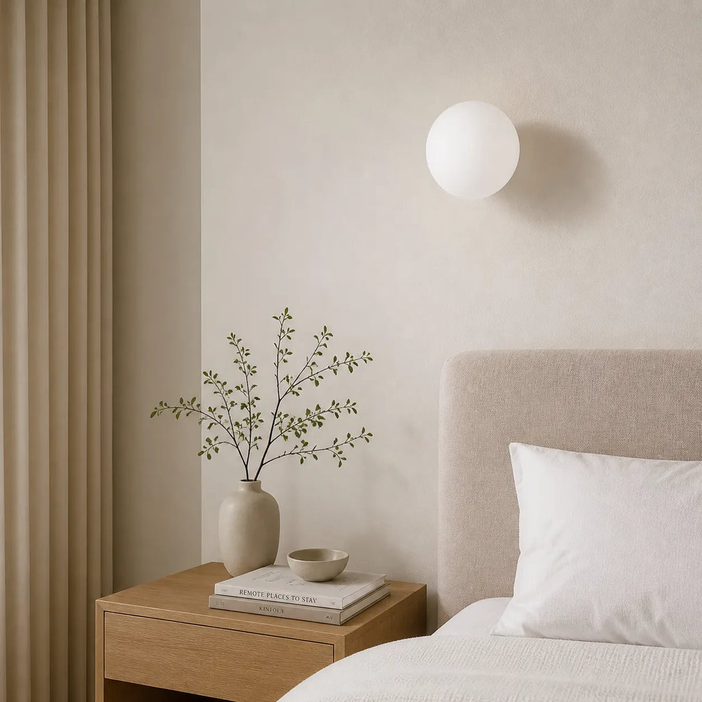 Wohnzimmer-Wandleuchten mit Kugel aus Milchglas und sanfter, stimmungsvoller Beleuchtung