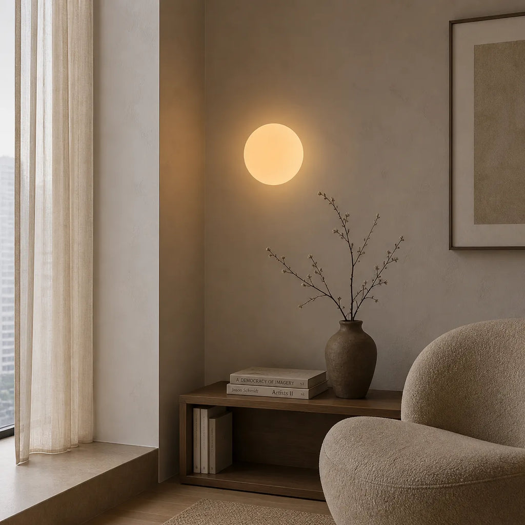 Wohnzimmer-Wandleuchten mit Kugel aus Milchglas und sanfter, stimmungsvoller Beleuchtung