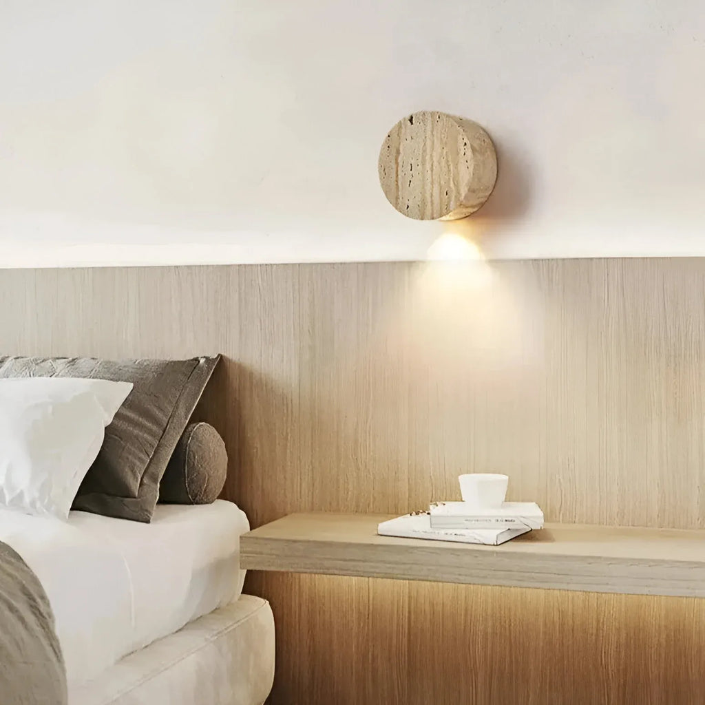 Travertine Minimalist Wall Light with Soft Downlight and Rounded Stone Form