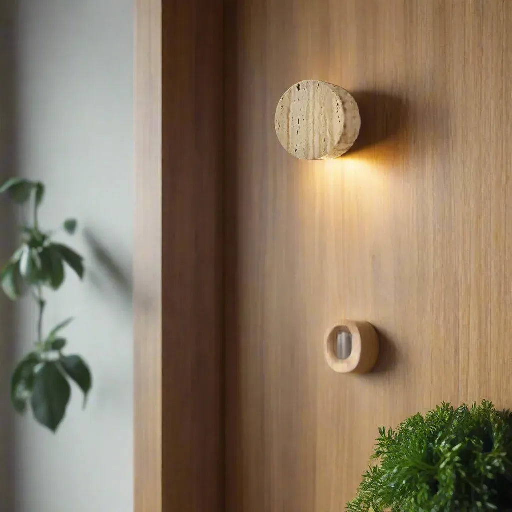 Travertine Minimalist Wall Light with Soft Downlight and Rounded Stone Form