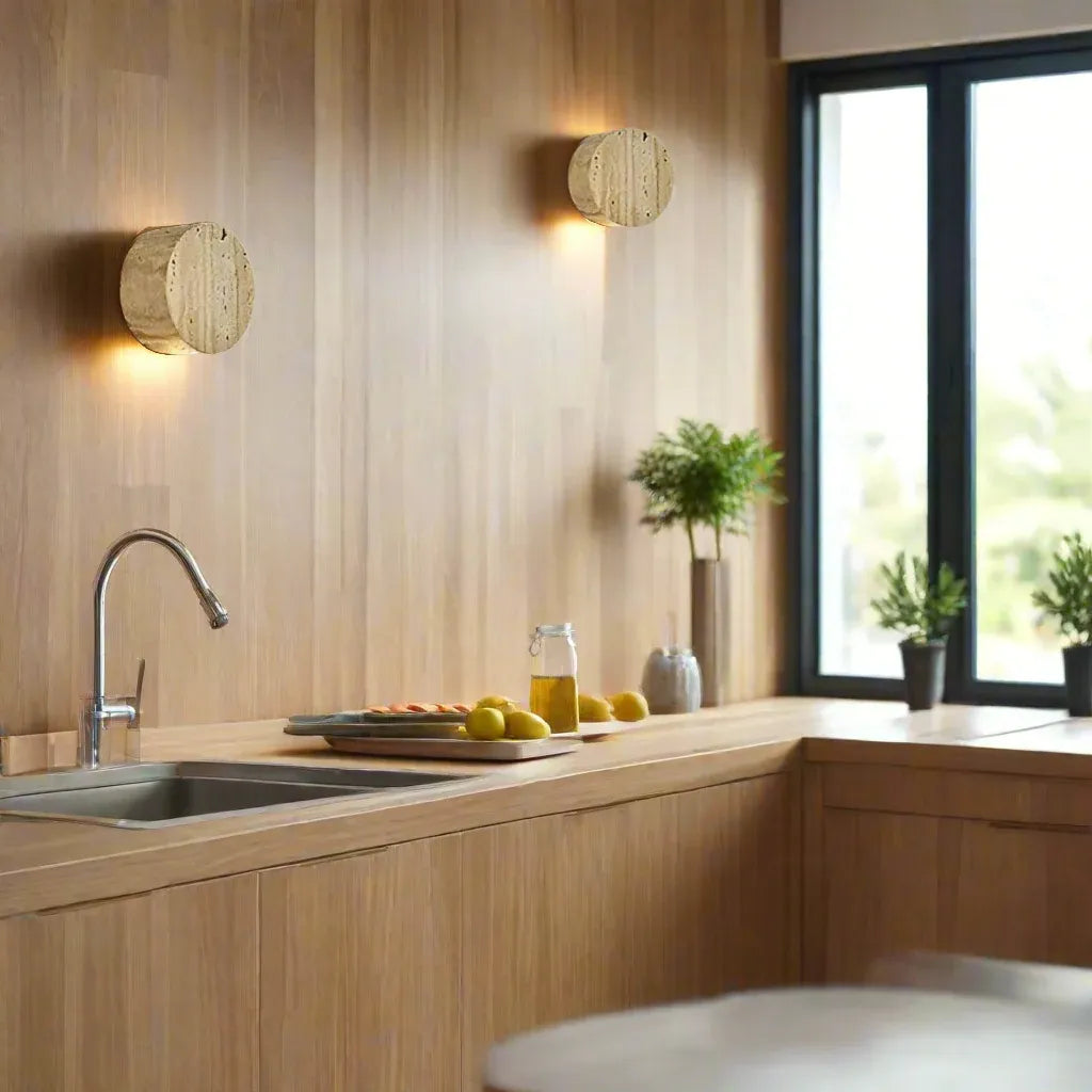 Travertine Minimalist Wall Light with Soft Downlight and Rounded Stone Form