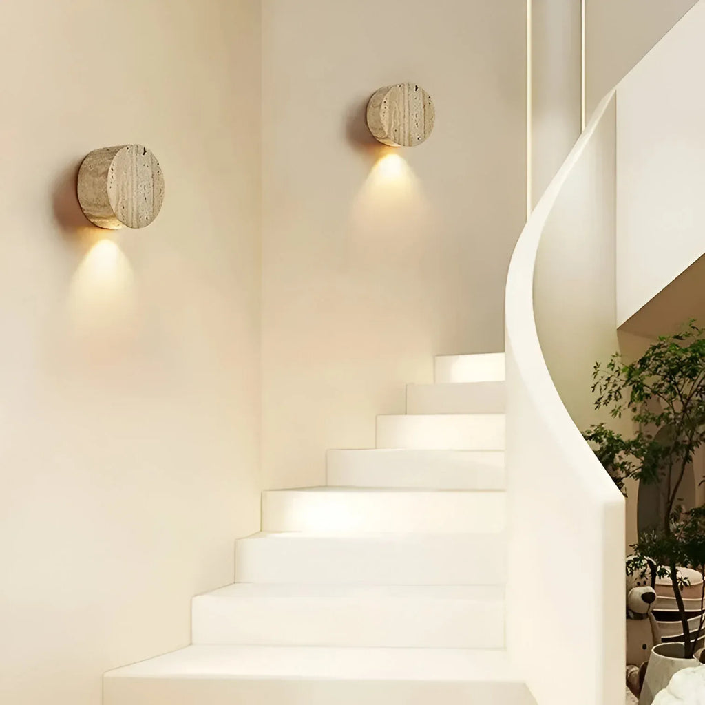 Travertine Minimalist Wall Light with Soft Downlight and Rounded Stone Form