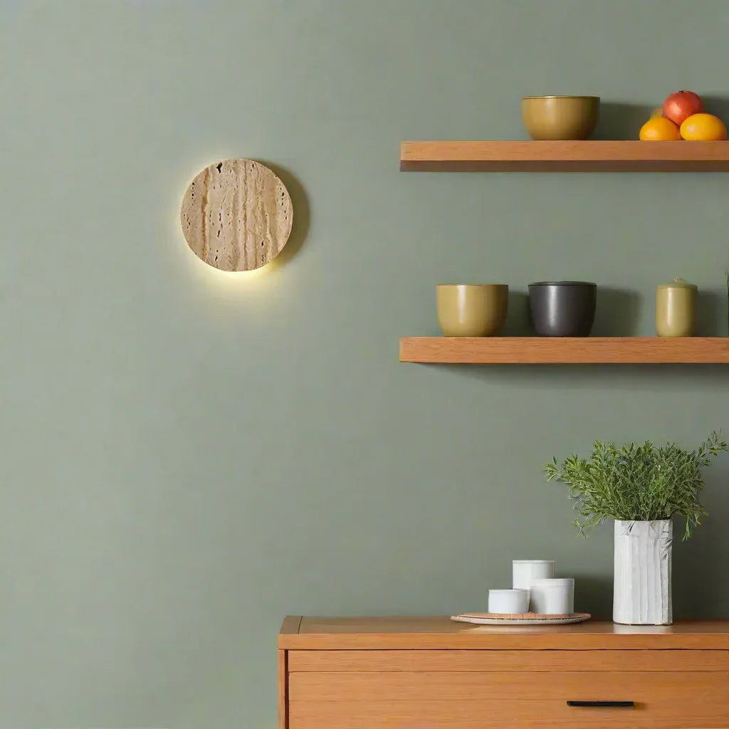 Travertine Minimalist Wall Light with Soft Downlight and Rounded Stone Form