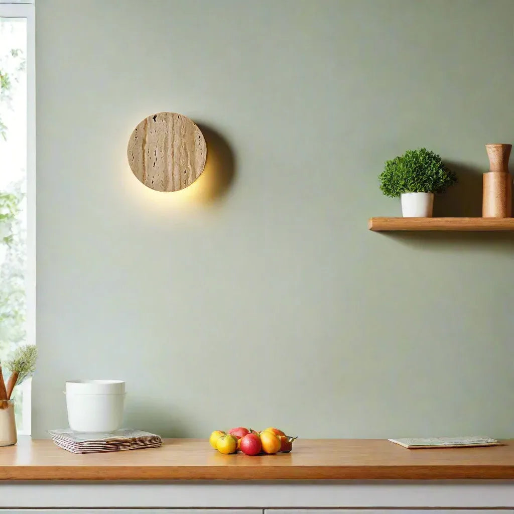 Travertine Minimalist Wall Light with Soft Downlight and Rounded Stone Form