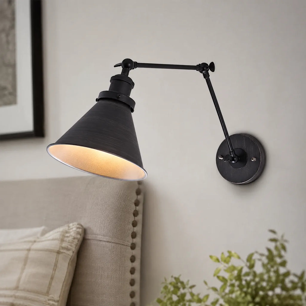 Plug in Wall Lights with Adjustable Swing Arm and Directional Cone Shade for Bedside Reading