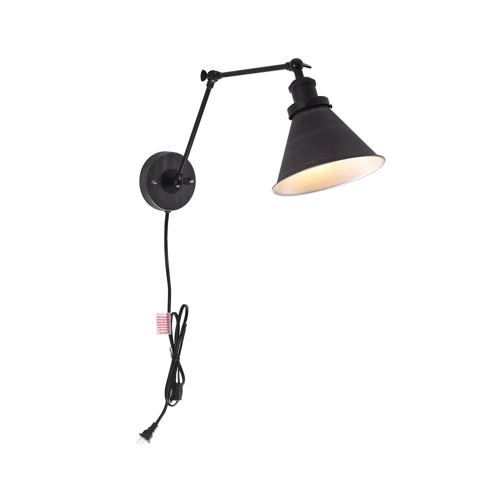 Plug in Wall Lights with Adjustable Swing Arm and Directional Cone Shade for Bedside Reading