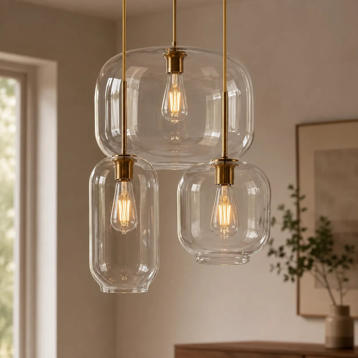 Pendelleuchte mit mehrschichtigen klaren Glasschirmen und Cluster-Design für Wohn- und Esszimmer