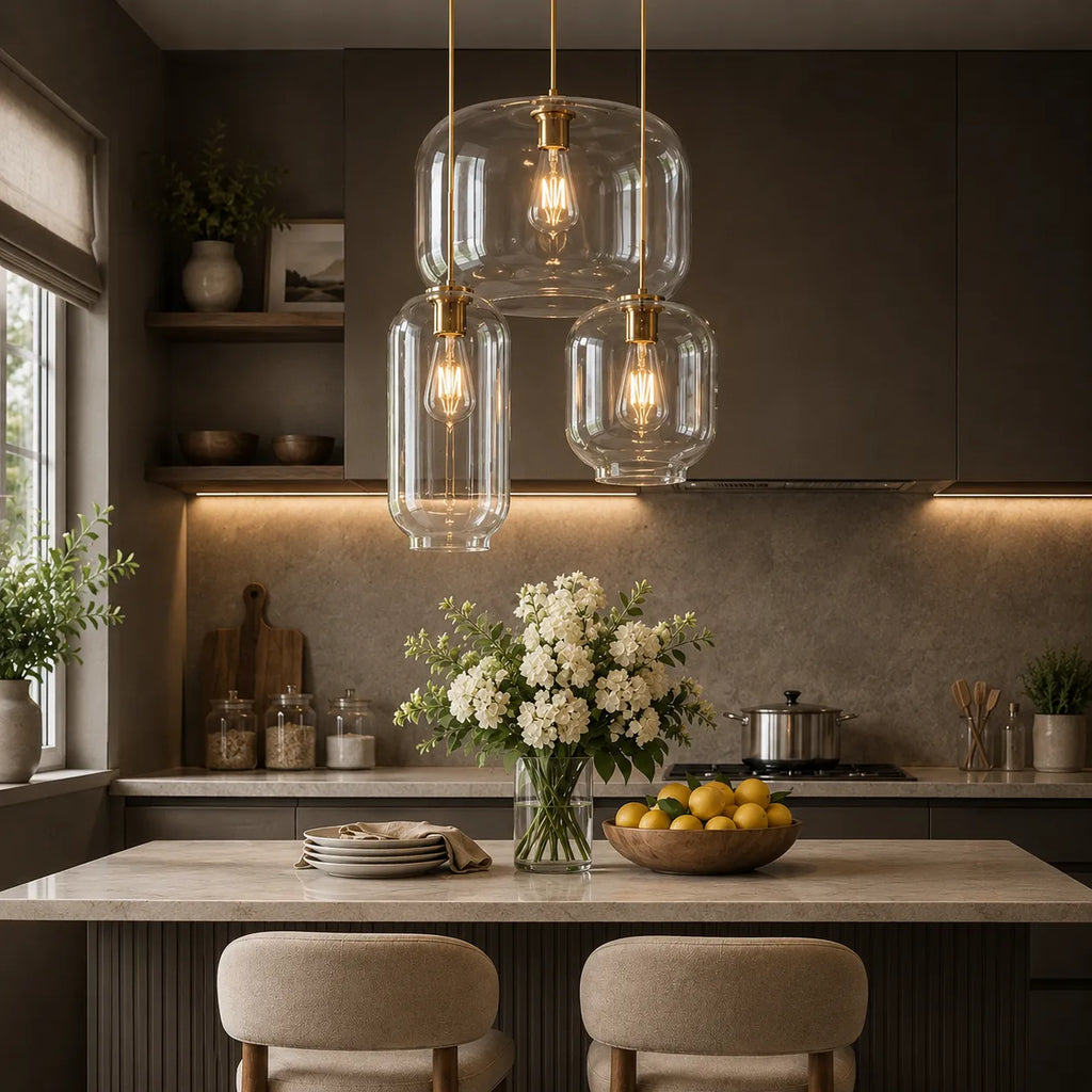 Pendant Light with Layered Clear Glass Shades and Cluster Design for Dining Living Room