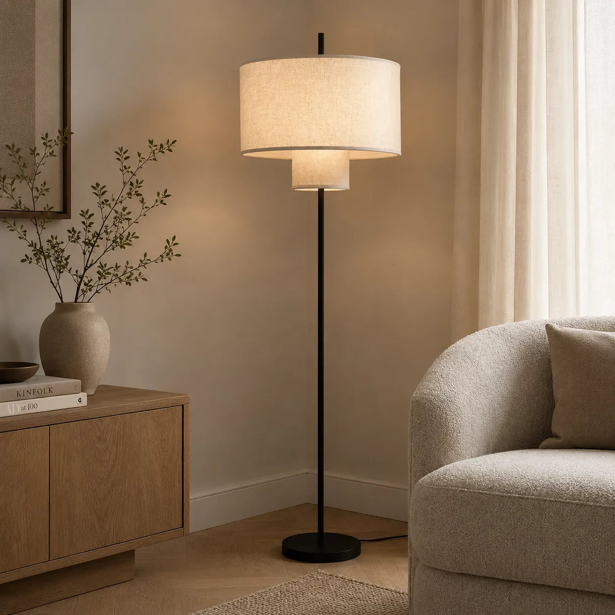 Floor Lamp with Soft Fabric Shade and Metal Construction for Modern Living Spaces