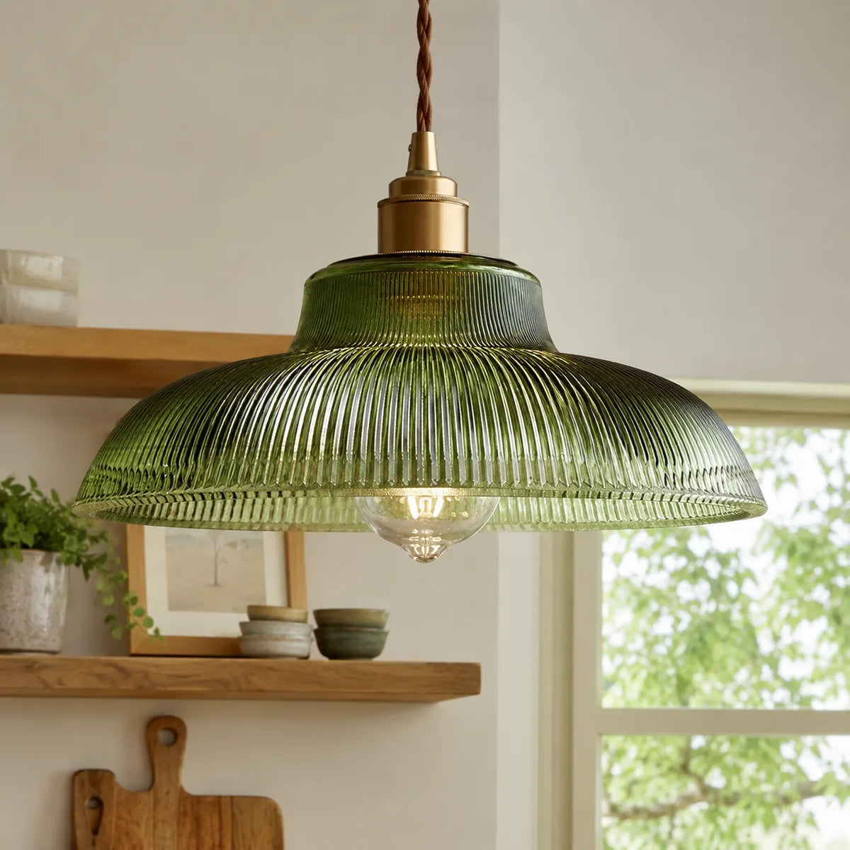 Kitchen Island Pendant Light with Ribbed Glass Dome Shade and Wide Silhouette for Dining Room