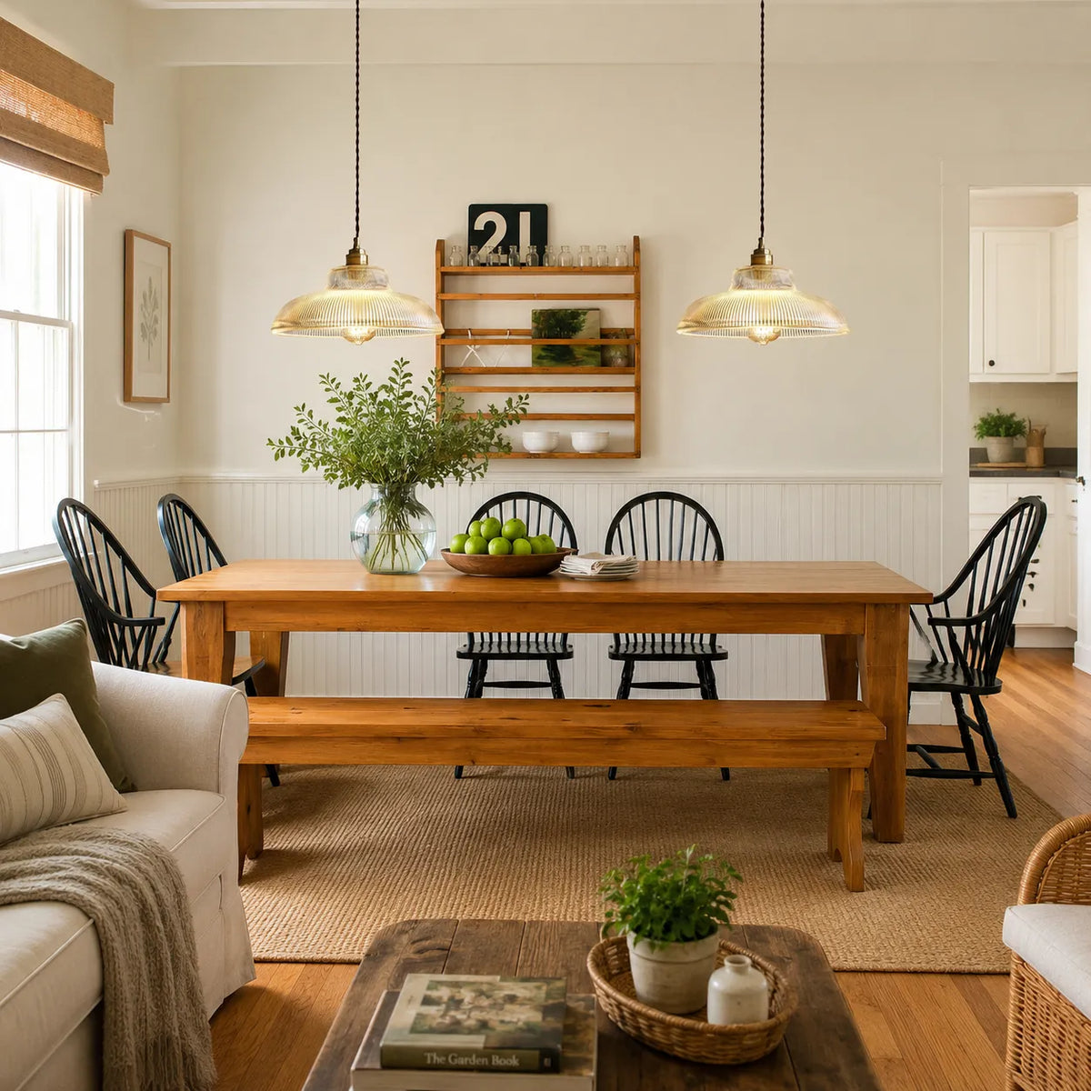 Kitchen Island Pendant Light with Ribbed Glass Dome Shade and Wide Silhouette for Dining Room